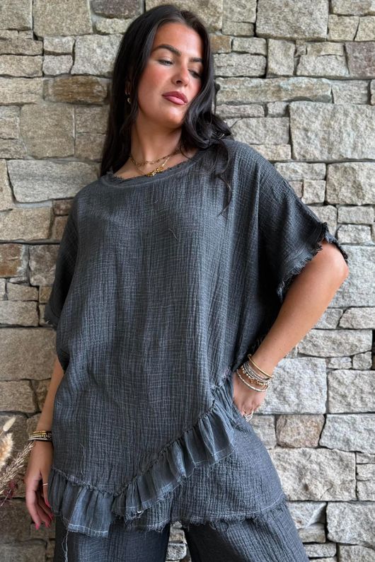 Rustic Nature Bubble Cotton Raw Frill Top Washed Charcoal